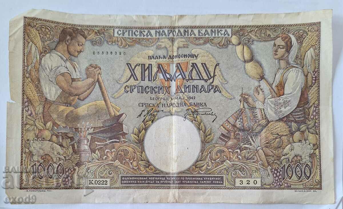 Old Banknote 1000 Dinars 1942 Serbia / BZC!