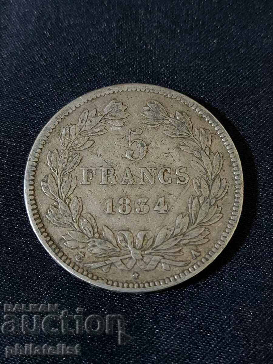 France 1834 A - 5 Francs - Silver Coin #2