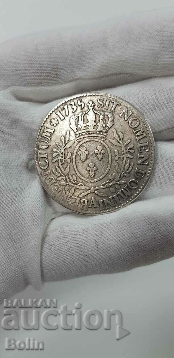 Rare 1735 French Ecu Silver Coin.