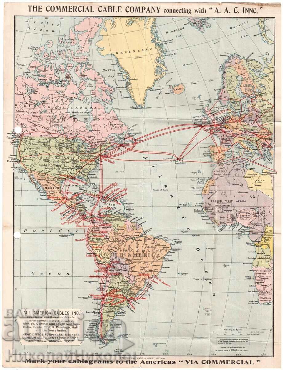 1926 СТАРА КАРТА ЛИНИИ НА ТЪРГОВСКА ТЕЛЕГРАФНА КОМПАНИЯ Г941