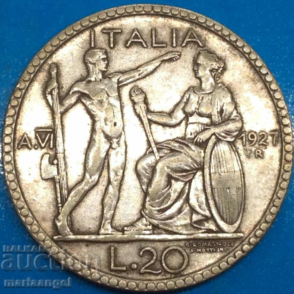 20 Lire 1927 R-Roma Italia Victor Emmanuel II Argint