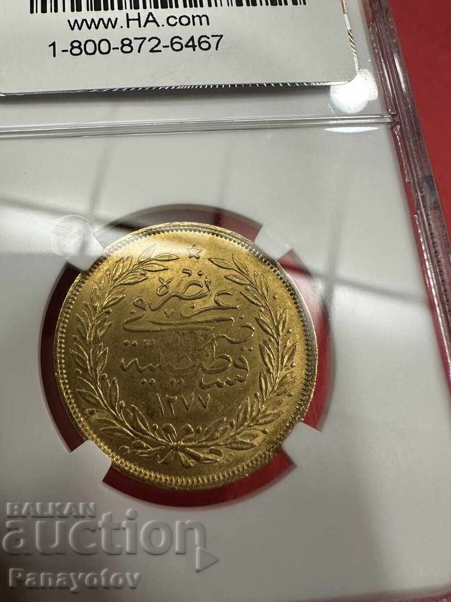 250 KURUŞ NGC PCGS AH 1277/8 AUR MS 61 ABDUL AZIZ OTOMAN cu preț € 5980.00 | 11695.91 BGN