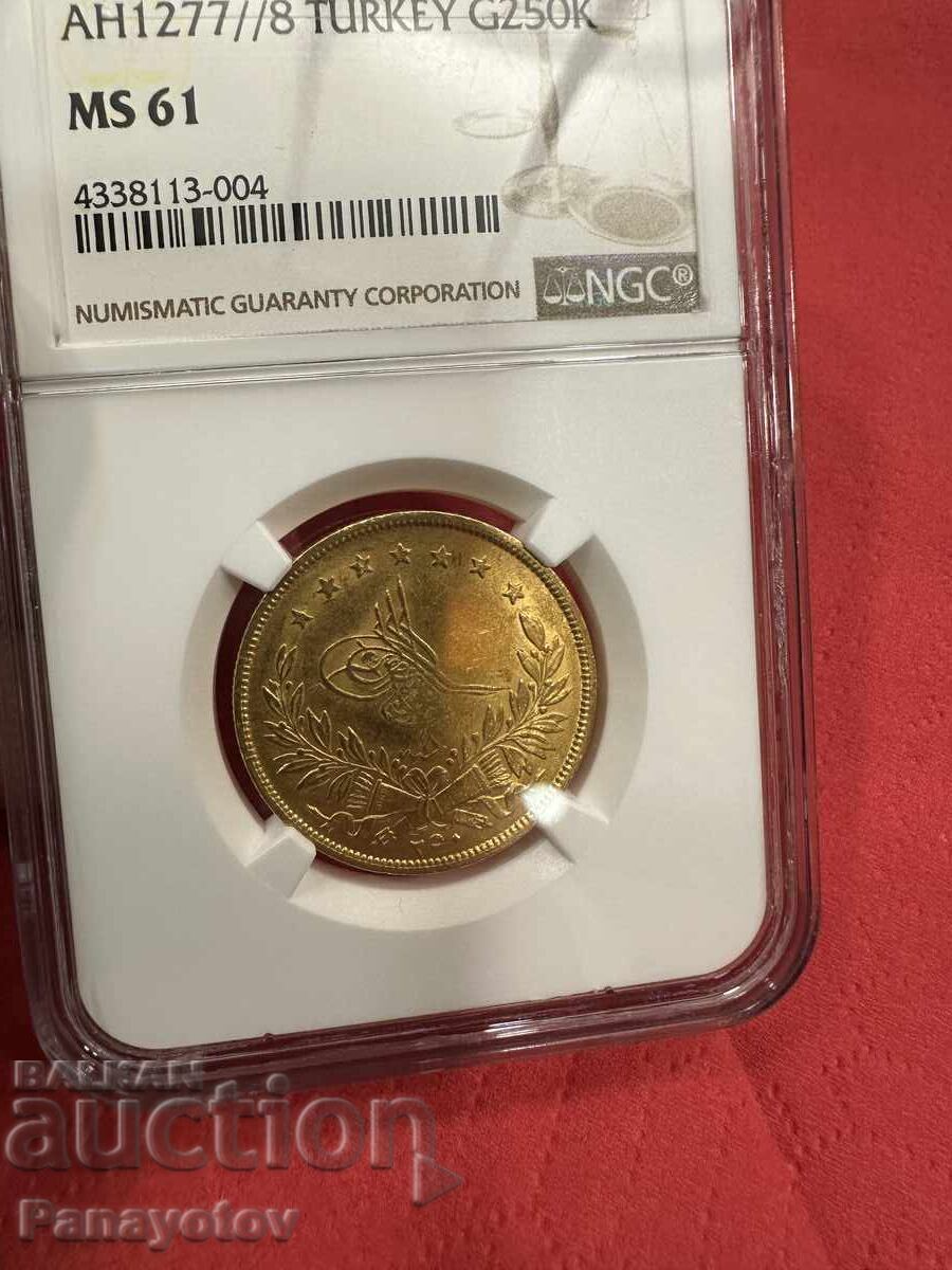 Licitație 250 KURUŞ NGC PCGS AH 1277/8 AUR MS 61 ABDUL AZIZ OTOMAN