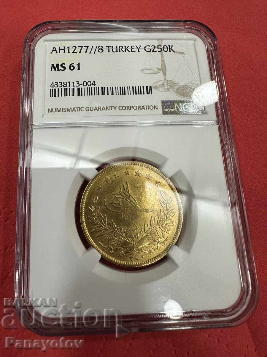 Livrarea 250 KURUŞ NGC PCGS AH 1277/8 AUR MS 61 ABDUL AZIZ OTOMAN