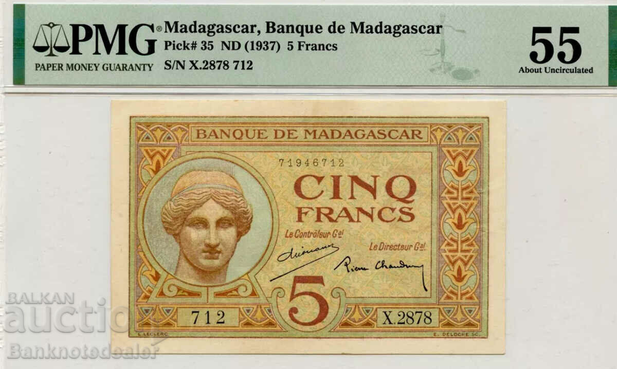 Madagascar 5 Francs 1937 Pick 35 PMG 55