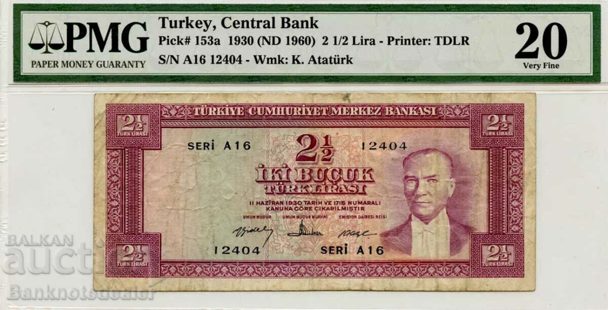 Turkey 2 12 Lira Green Reverse 1960 Pick 153 PMG 20