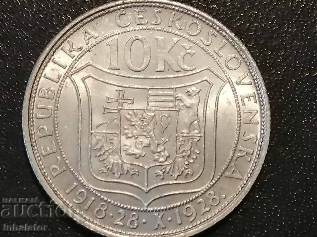 1928 10 kroner Czechoslovakia jubilee excellent