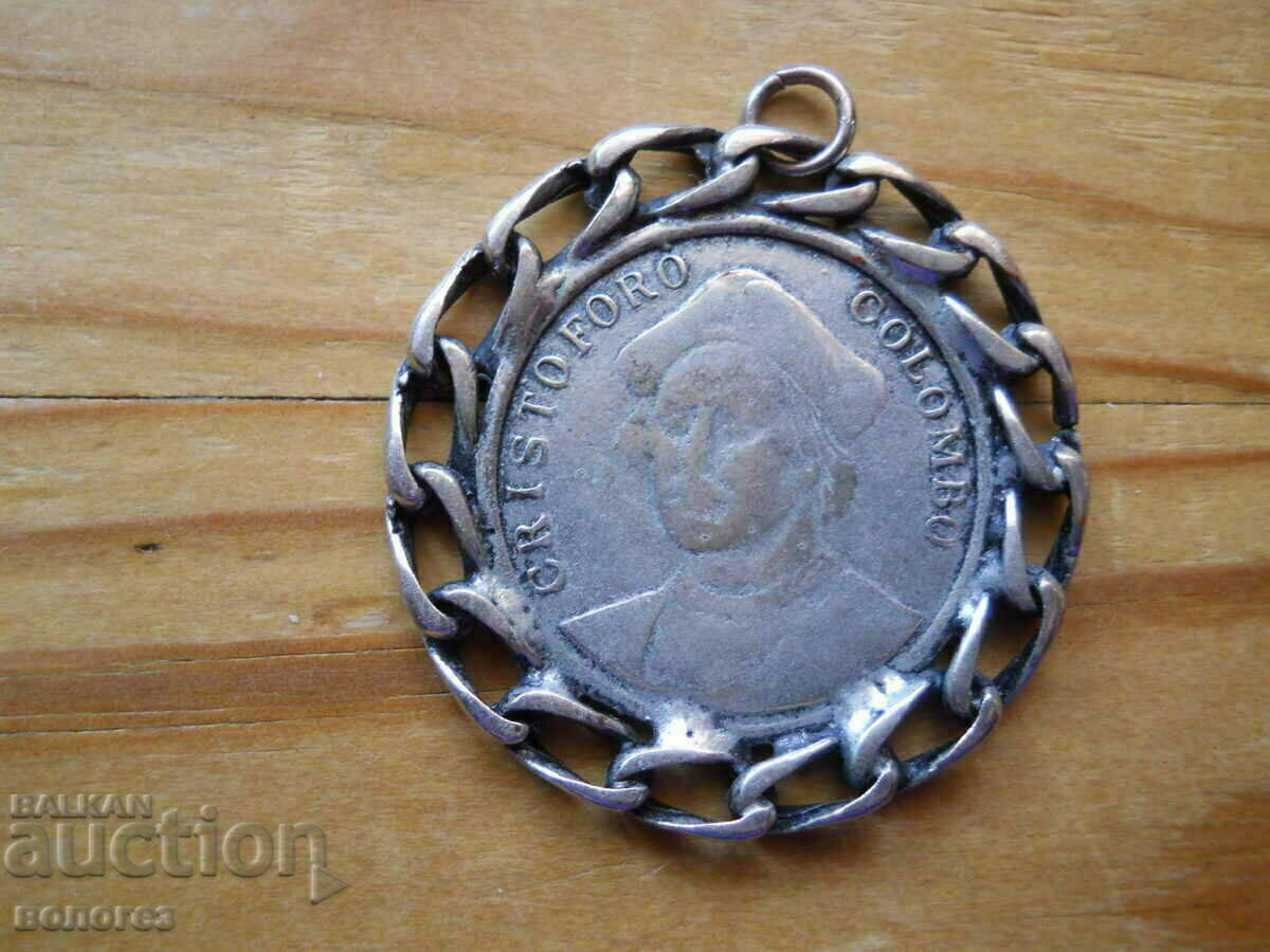 Antique "Christopher Columbus" medallion with silver fittings