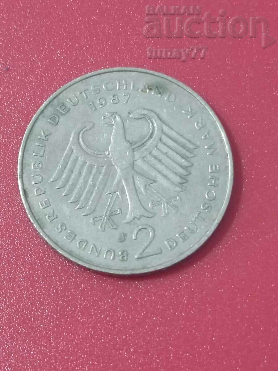 Old coin 2 marks sign 1987 Theodor Heuss