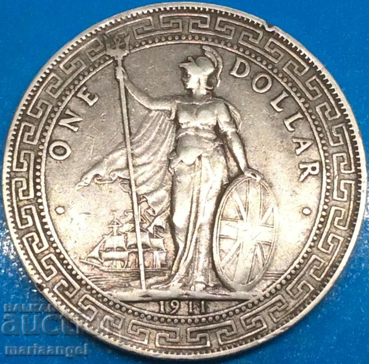 1 Trade Dollar 1911 Great Britain Hong Kong Silver