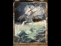 Seascape oil painting - Ship in a stormy sea