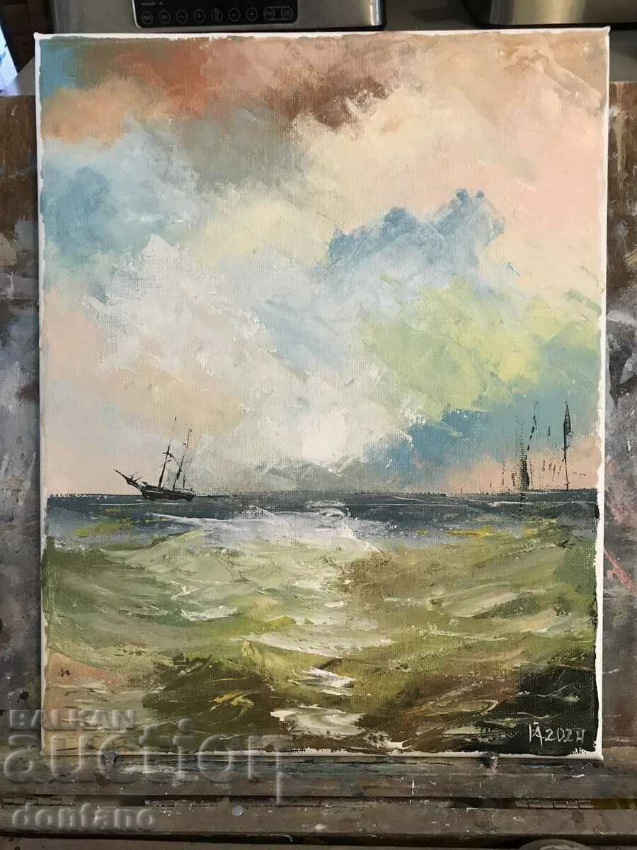 Seascape -Marinism oil painting -Ships on the horizon