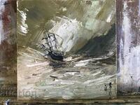 Seascape - Small oil painting - Ship at sea