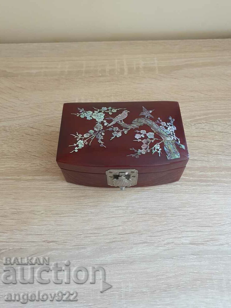 Vintage mahogany jewelry box with embossed inlays