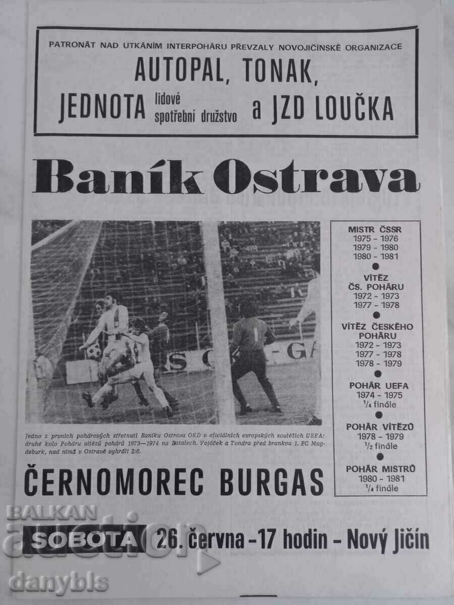 Program de fotbal - Banik Ostrava - Chernomorets Burgas 1982