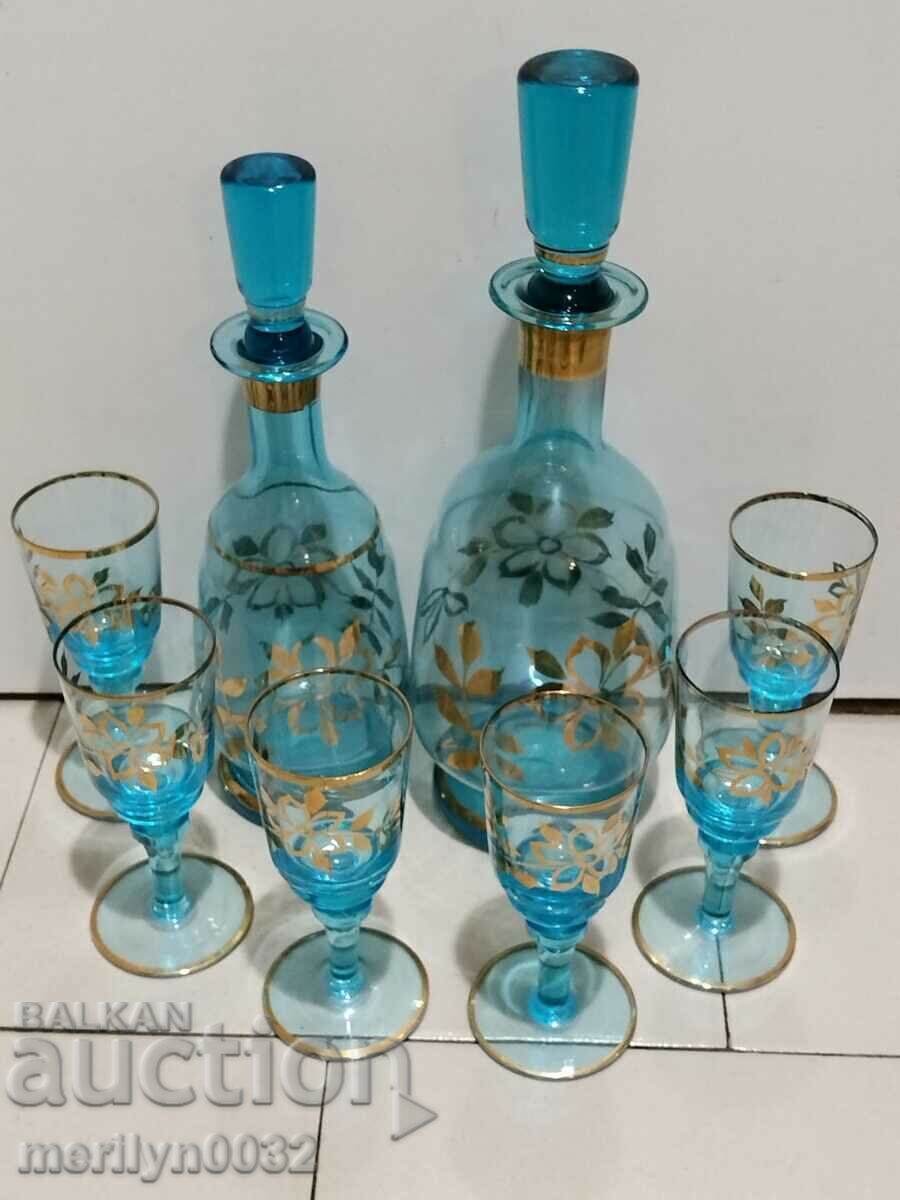Old service 6 glasses grapha 2 pcs blue glass gilding - 7 Old service 6 glasses grapha 2 pcs blue glass gilding - 7