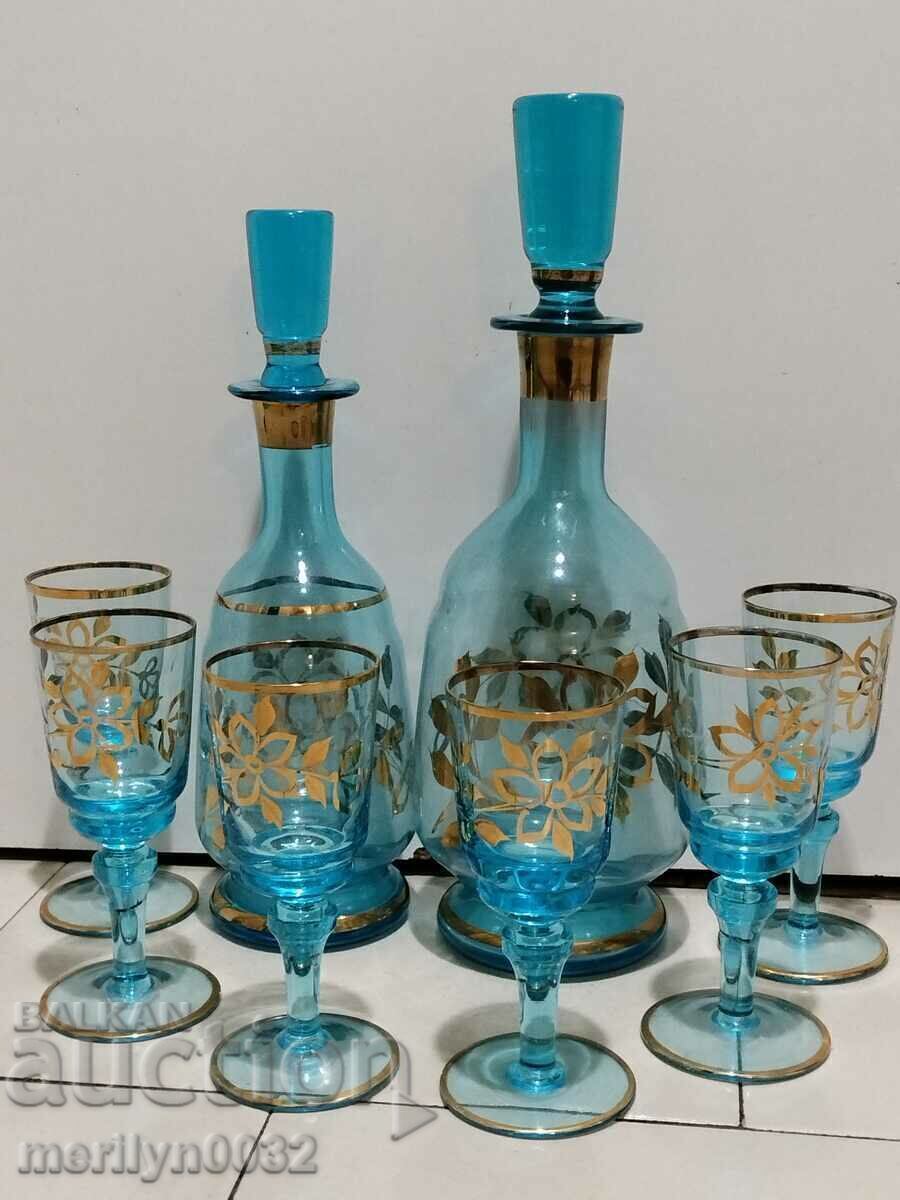 Old service 6 glasses grapha 2 pcs blue glass gilding Old service 6 glasses grapha 2 pcs blue glass gilding