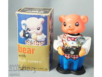 Old metal toy camera bear with box