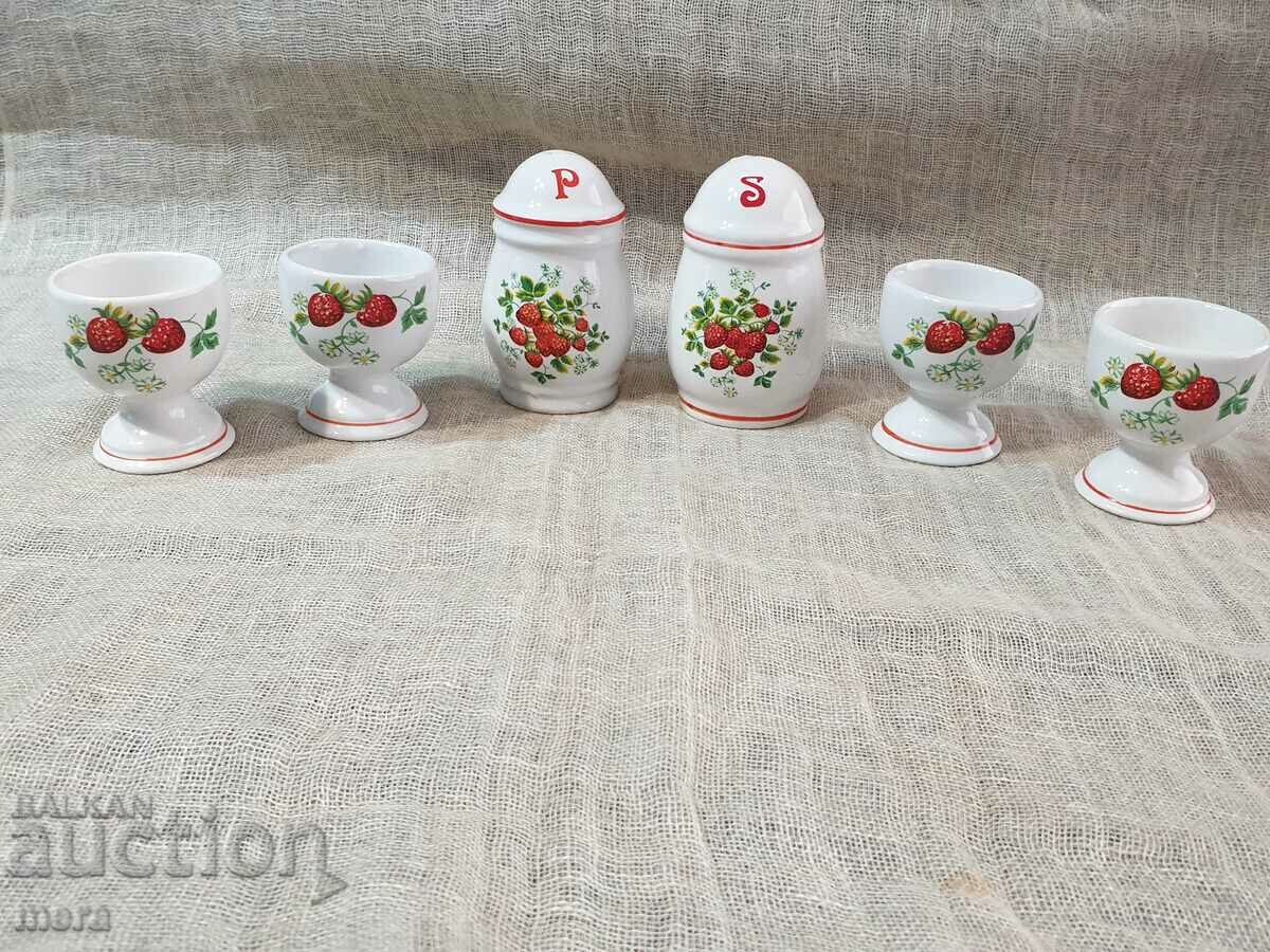 Porcelain salt shakers and 4 cocktail shakers with strawberry decoration