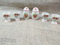 Porcelain salt shakers and 4 cocktail shakers with strawberry decoration