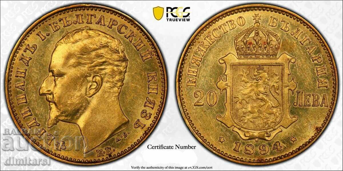 Licitație 20 leva 1894 MS62 PCGS