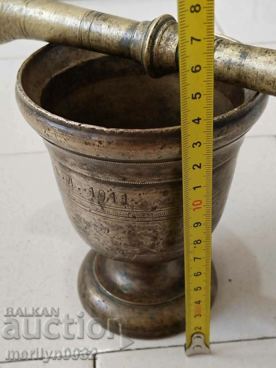 Auction Old bronze mortar with hammer 1911, mortar Auction Old bronze mortar with hammer 1911, mortar