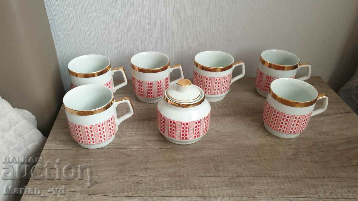 Old Bulgarian porcelain tea cups with sugar bowl