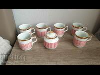 Old Bulgarian porcelain tea cups with sugar bowl