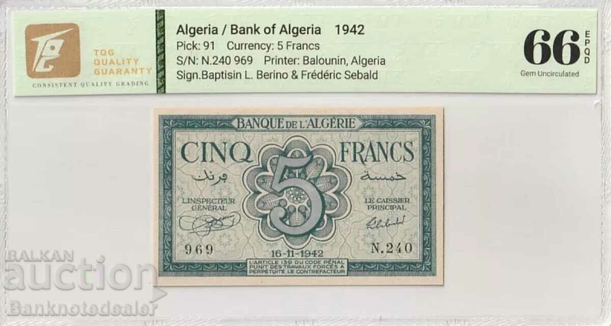 Algeria 5 Francs 1942 Pick 91 TQG 66