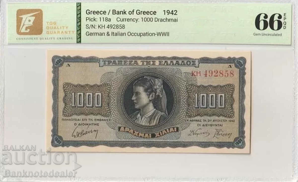 Greece 1000 Drachmai 1942 Pick 118a TQG 65