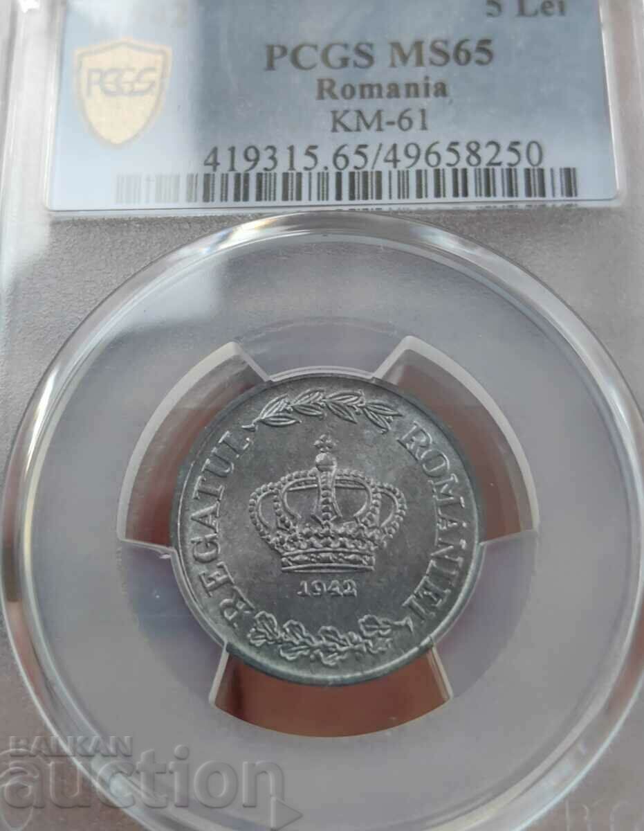 Auction  5 Lei 1942 Romania - PCGS MS 65 - TOP POP
