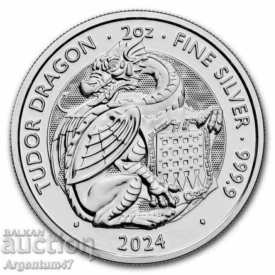 NEW!!! SILVER 2 OZ 2024 BEASTS OF THE TUDORS - DRAGON