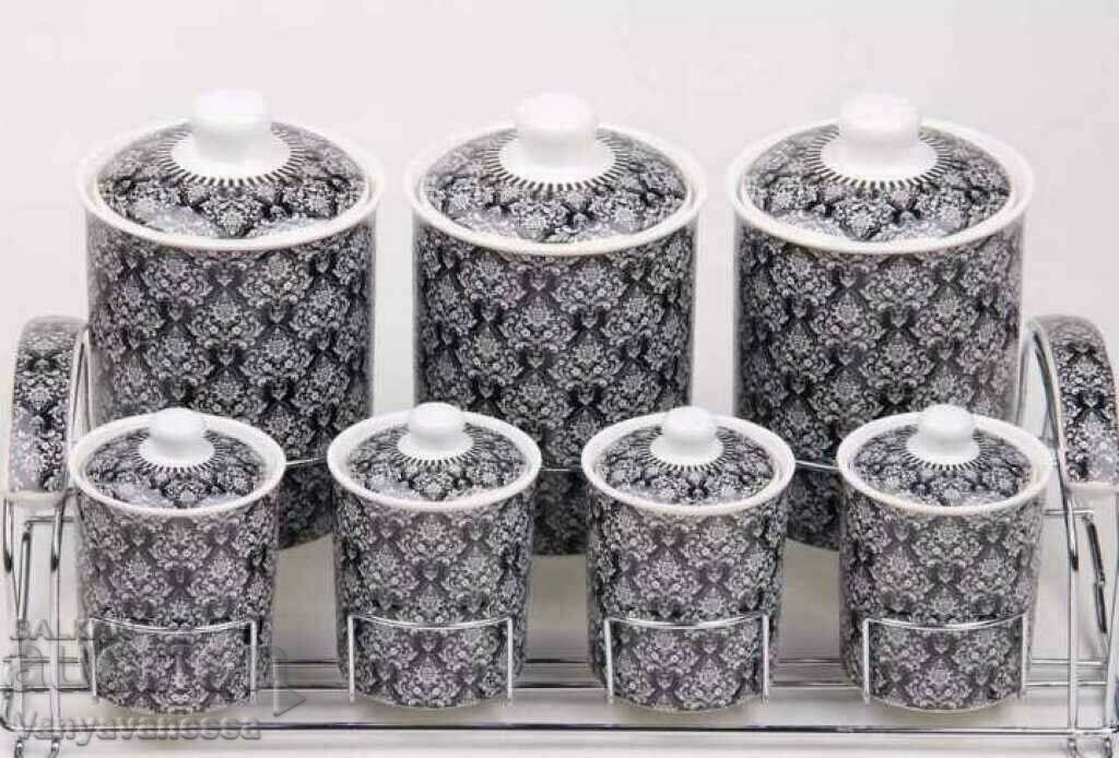 Porcelain jars + metal stand 7 pcs