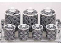 Porcelain jars + metal stand 7 pcs