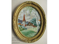 Tapestry Spring Viller church in a baroque frame 35/43 cm excellent