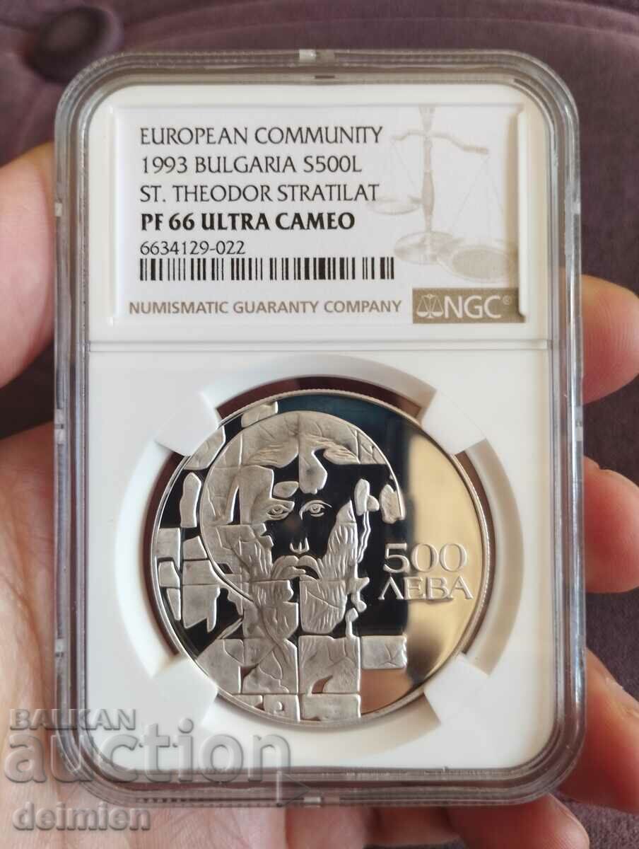 Grade NGC PF 66 ULTRA CAMEO, 500 Leva 1993 Theodore Stratilat