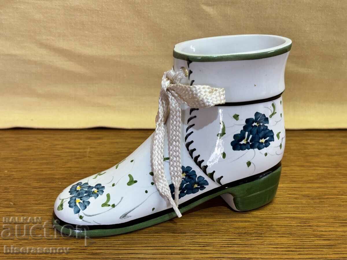 Hand painted porcelain boot with markings