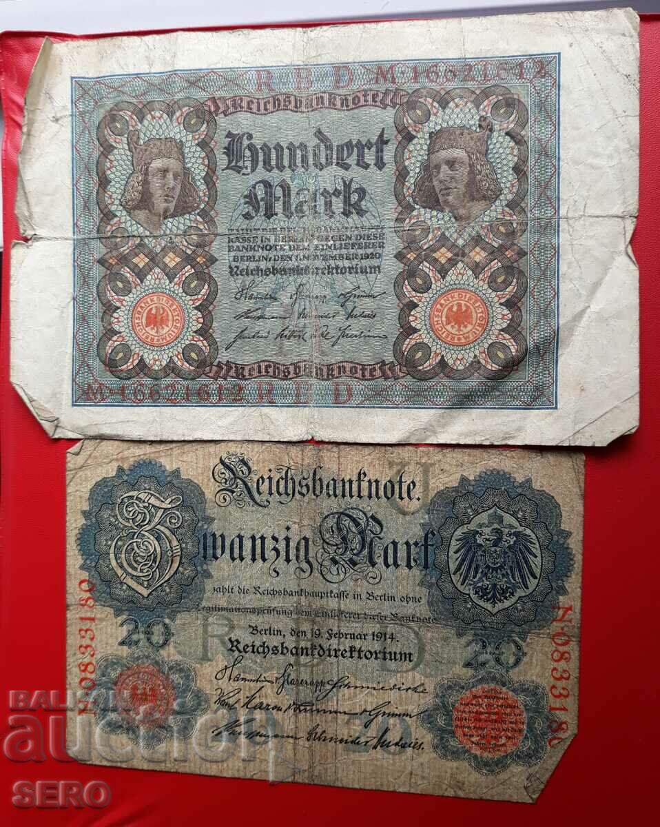 Bancnota-Germania-lot 2 bucati-100 m.1920, 20 m.1914