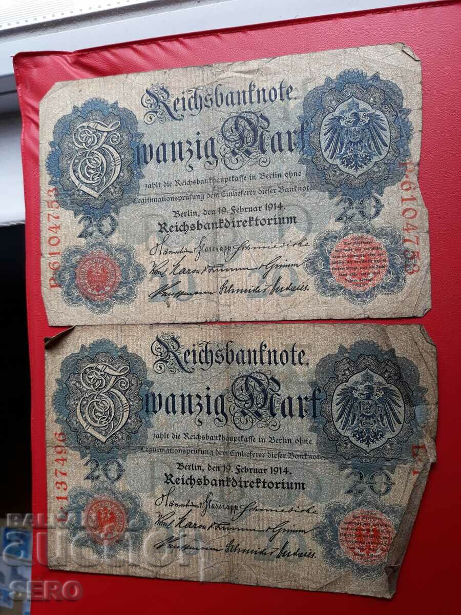 Bancnotă-Germania-lot 2 x20 mărci 1914