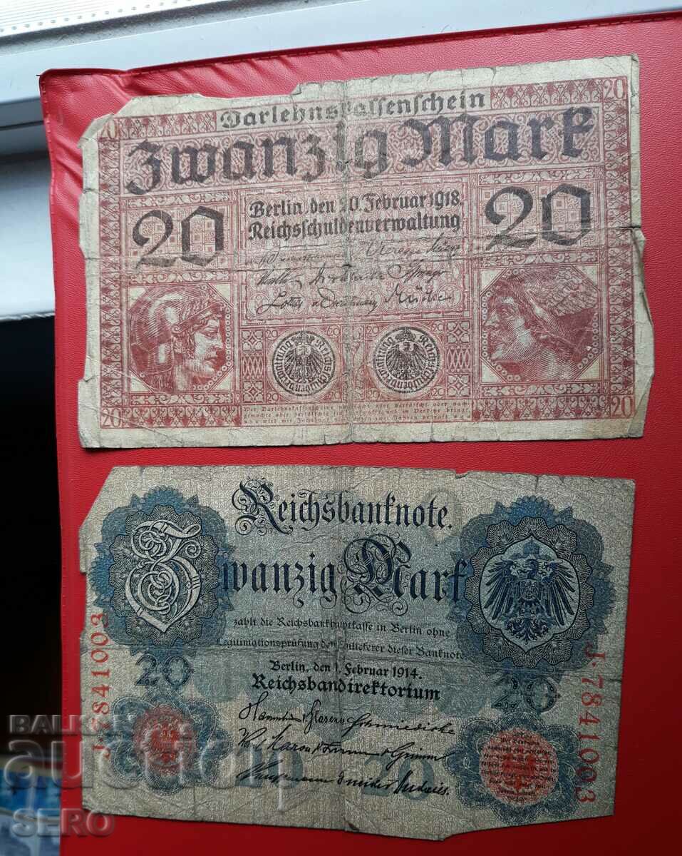 Bancnotă-Germania-lot 2 x20 timbre 1914,1918