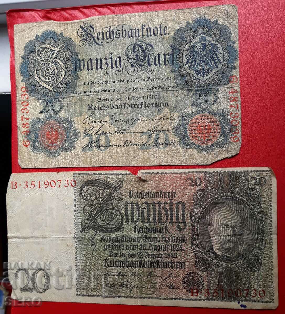 Bancnotă-Germania-lot 2 x20 timbre 1910,1929