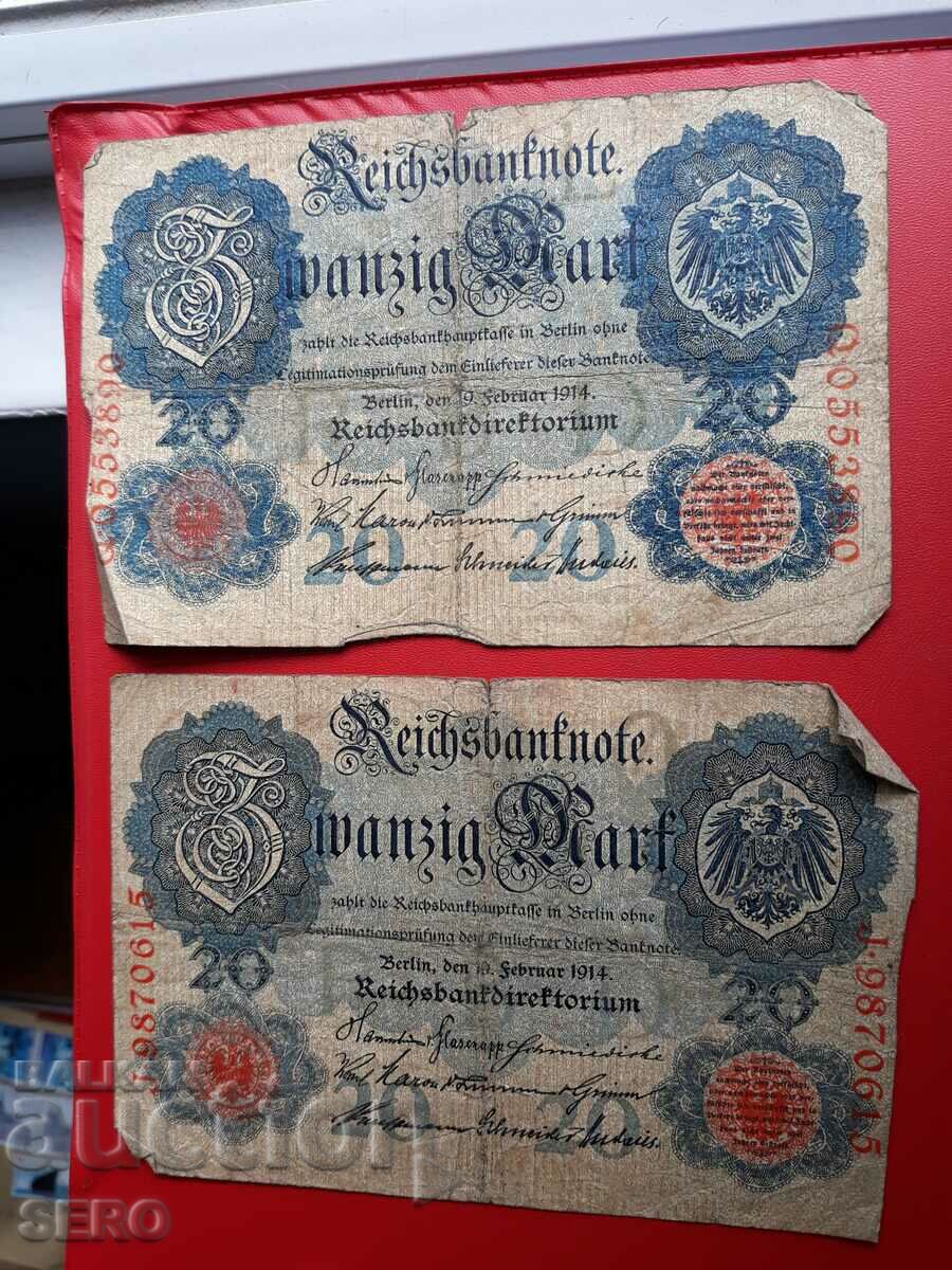 Bancnotă-Germania-lot 2 x20 mărci 1914