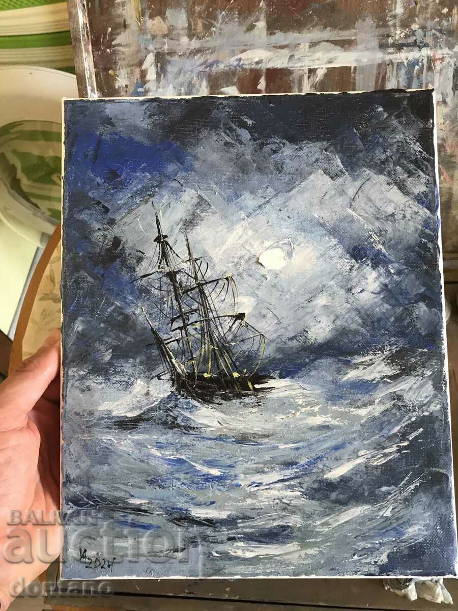 Seascape oil painting - Ship in a stormy sea