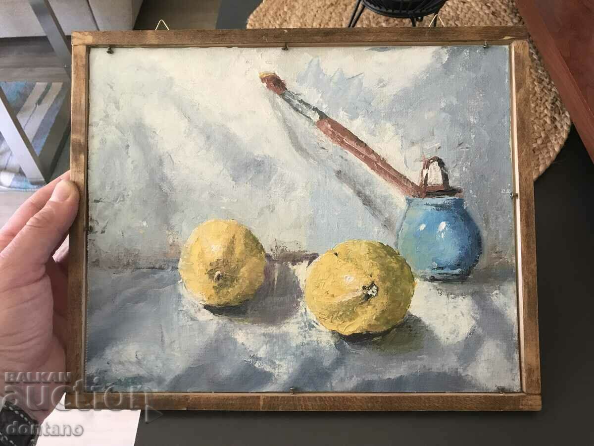 Oil painting - Still life - Lemons with a brush in a ceramic jug