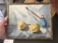 Oil painting - Still life - Lemons with a brush in a ceramic jug