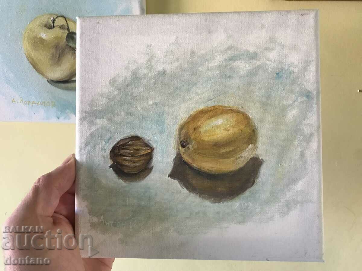 Oil painting - Still life - lemon with walnut