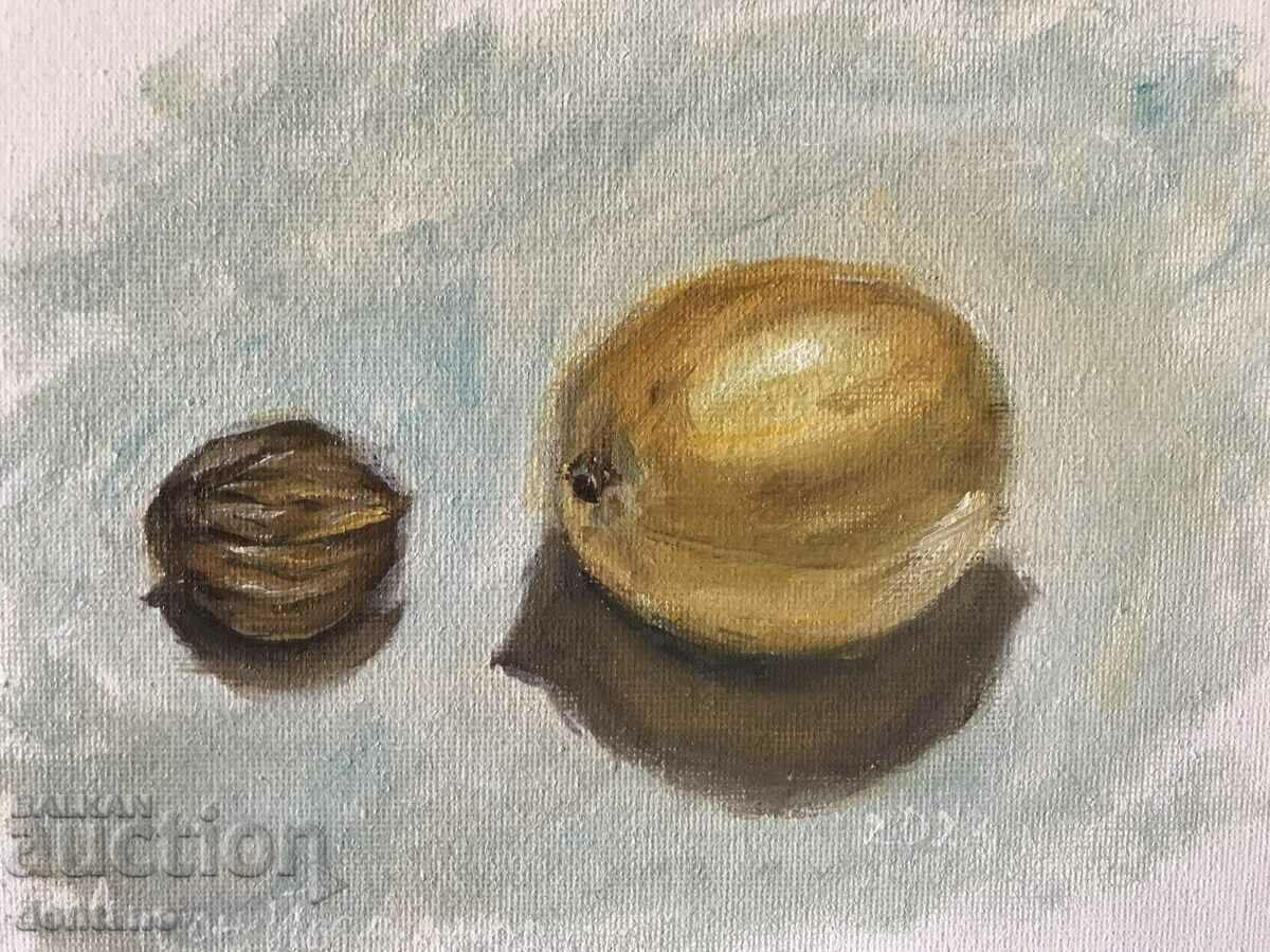 Oil painting - Still life - lemon with walnut