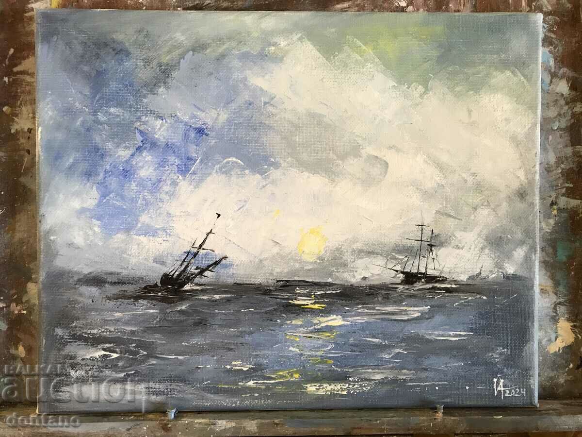 Seascape oil painting - Ship at sea