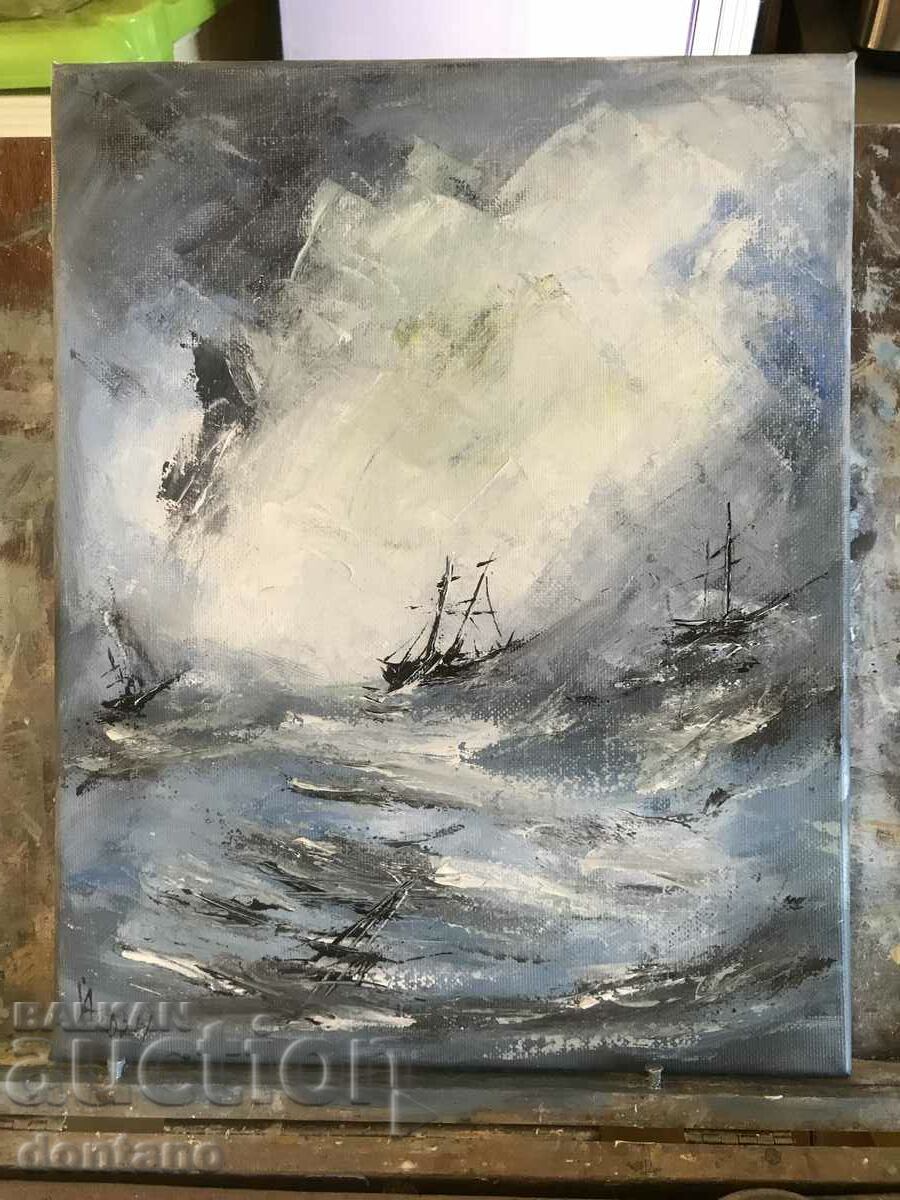 Seascape oil painting - Ship in a storm