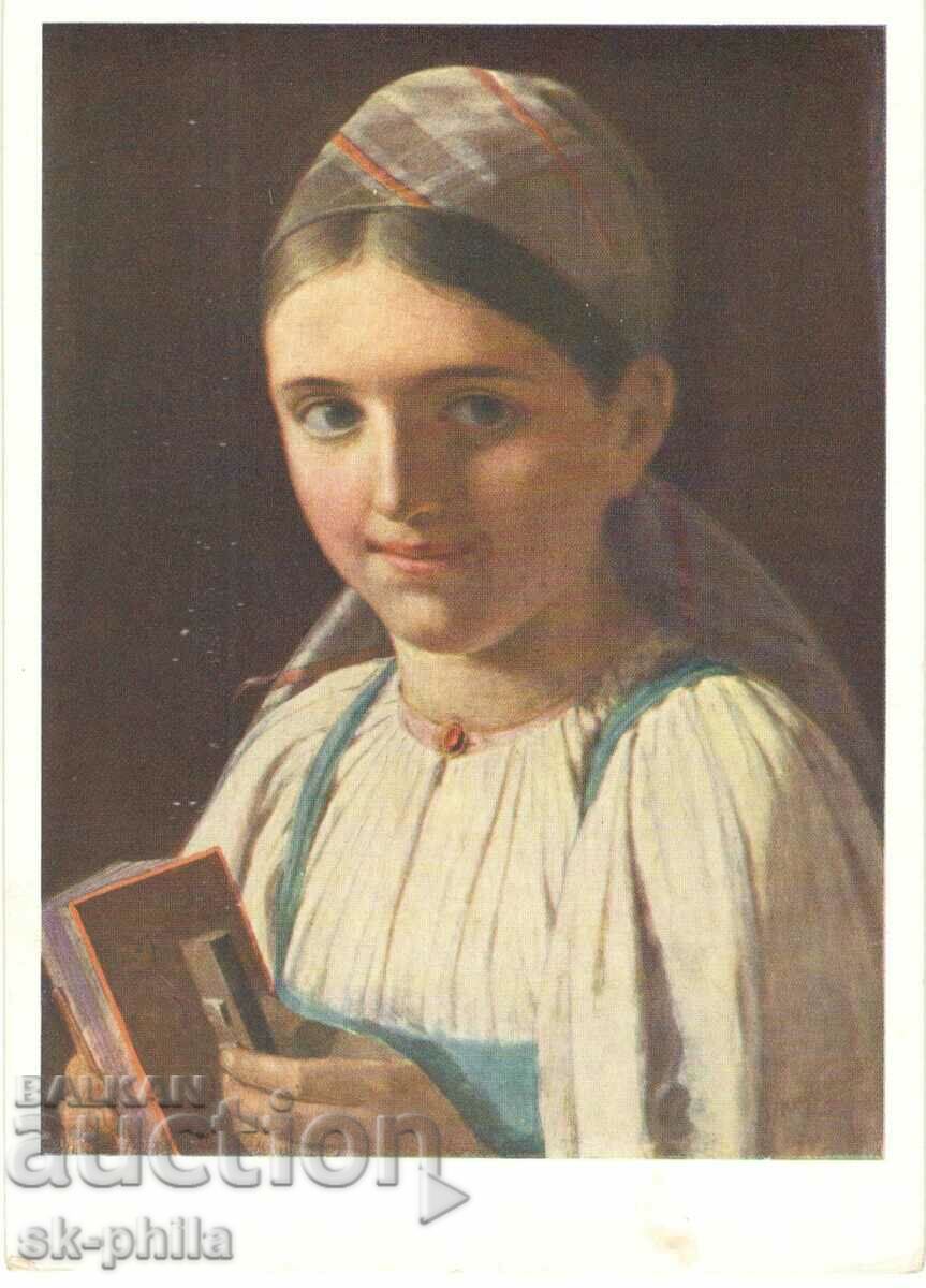 Old postcard - art - A. Venetsianov, Girl with an accordion